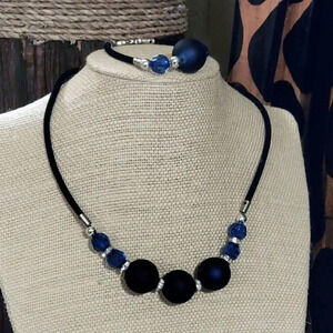 Rubber Coated Vintage Beads Blue Black and Silver Necklace Bracelet Jewelry Set